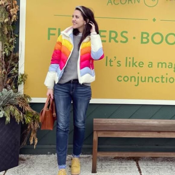 Marine Layer x Lost and Found Apres Puffer Jacket in Antique White Colorblock XS - Picture 3 of 8